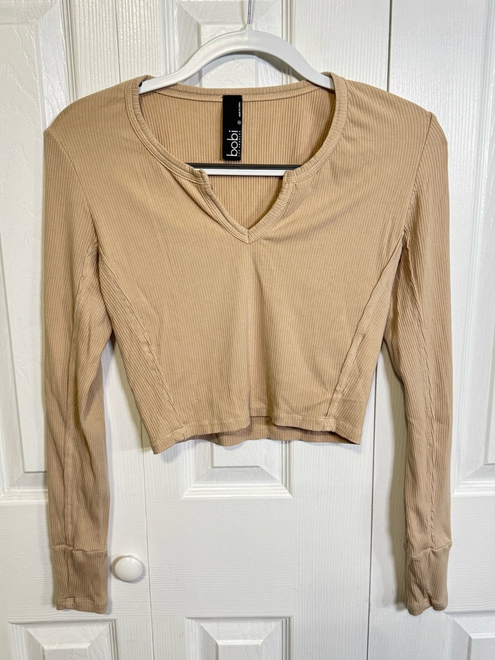 Bobi Beige Ribbed Long Sleeve Cropped Top Size Small